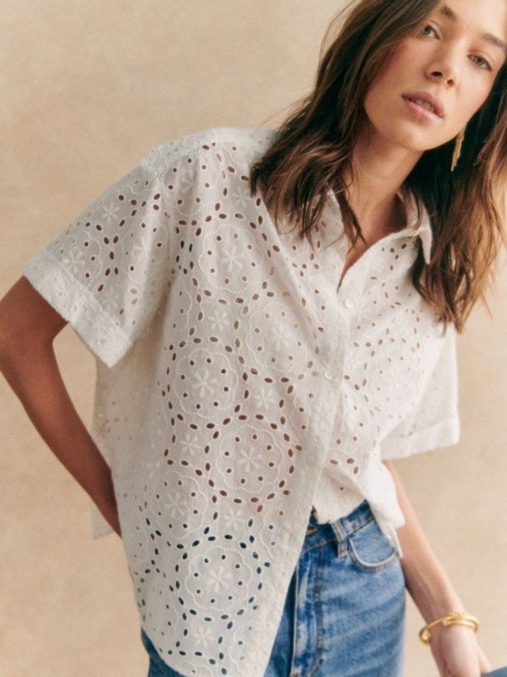 Sézane Laurinetta Ecru/White Eyelet Button-Front Blouse Shirt Top 36/4